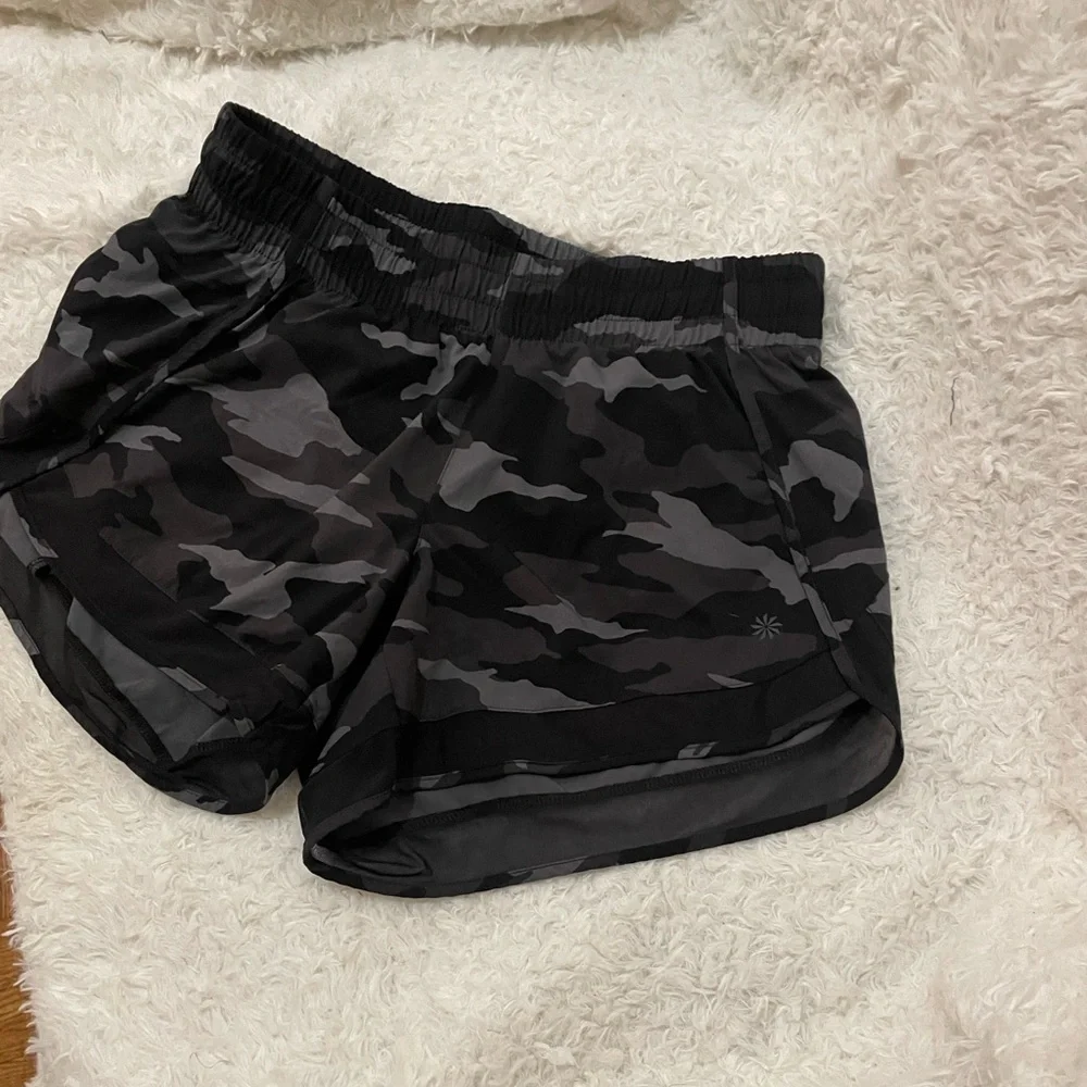 Athleta Black Camouflage Mesh Racer Shorts